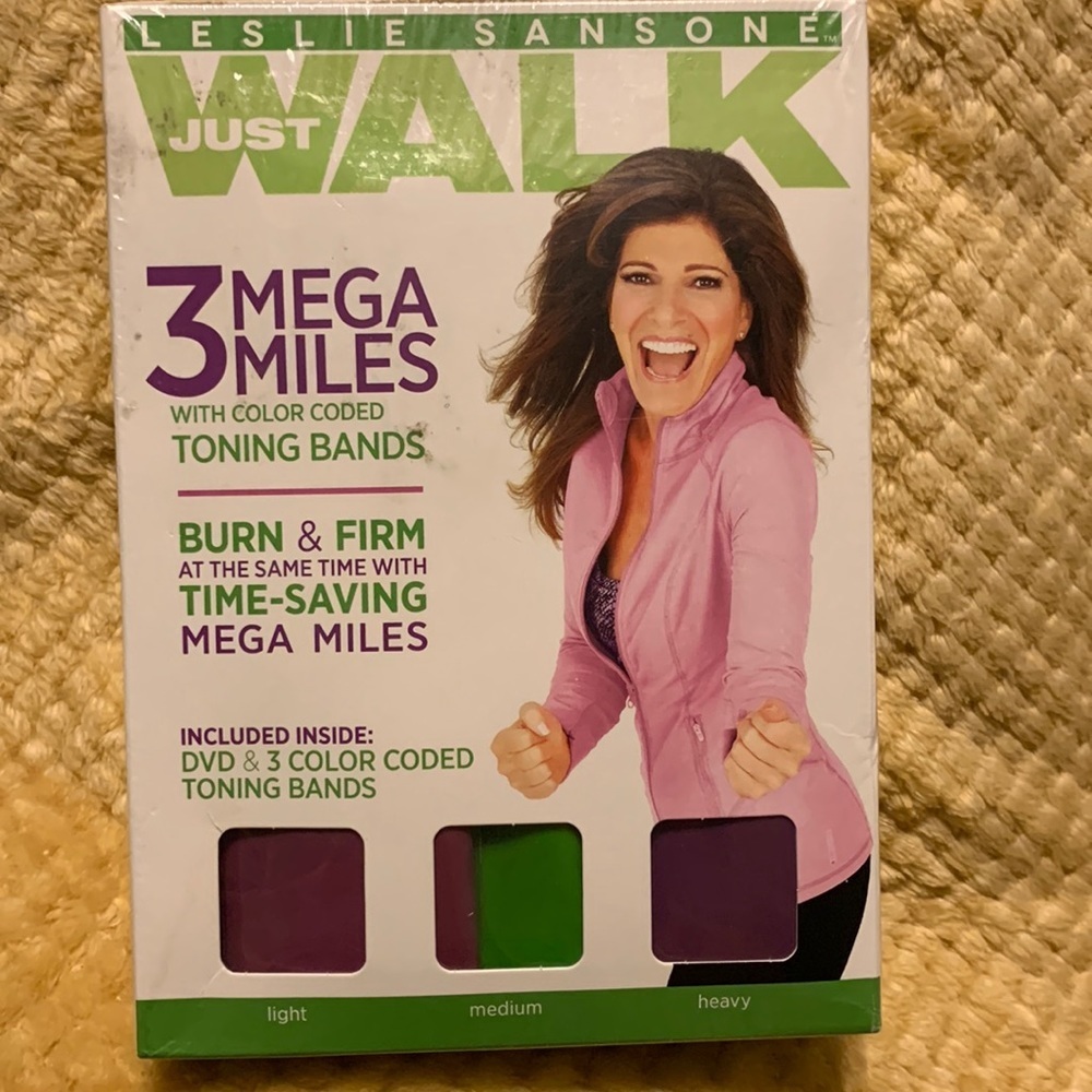 New! Leslie Sansone 2 DVDs. 3 MEGA MILES-JUST WALK DVD SET with 3 TONING Bands.